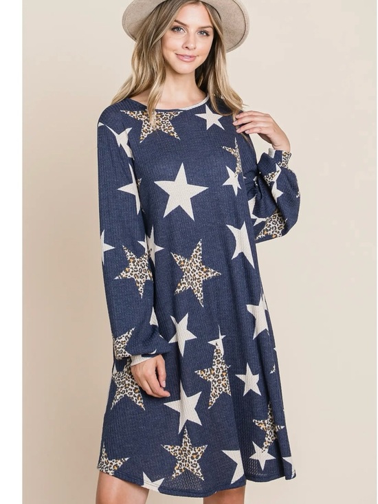 bombom Dresses & Skirts - Navy Star Print Long Sleeve Swing Dress